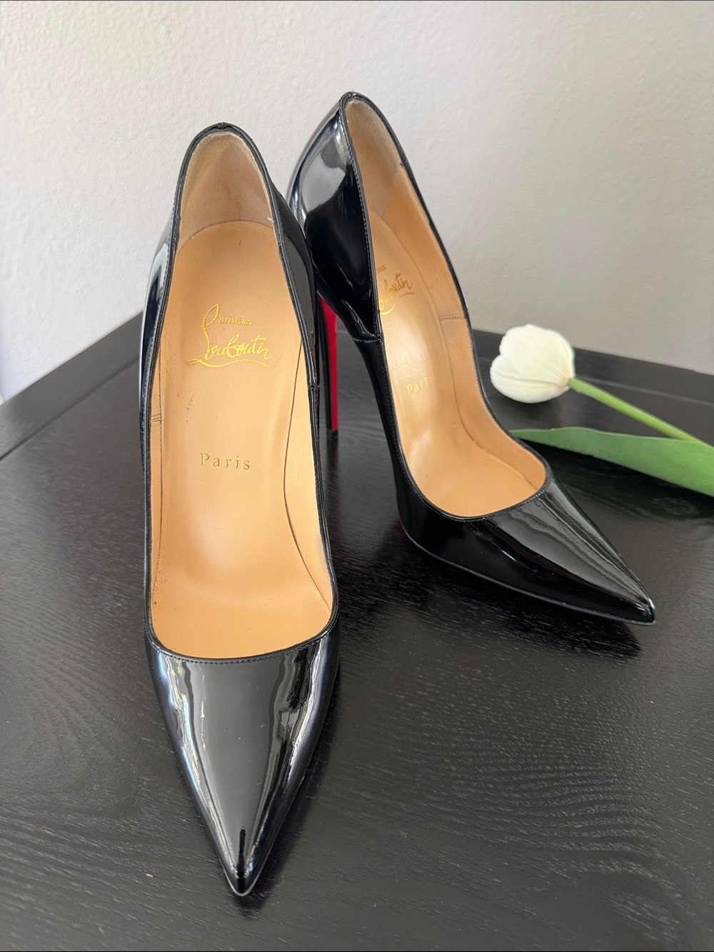 Christian Louboutin So Kate Black Patent Pointed-Toe Stiletto Pumps Red Sole.